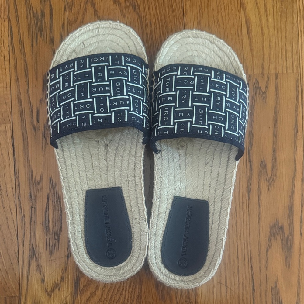 Tory Burch Black and Cream Espadrille Slides
